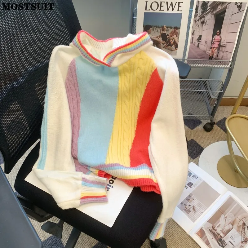 

Rainbow Striped Hooded Sweater Pullover Women Stylish Streetwear Fashion Chic Crop Tops 2023 Autumn Winter Long Sleeve Knitwear