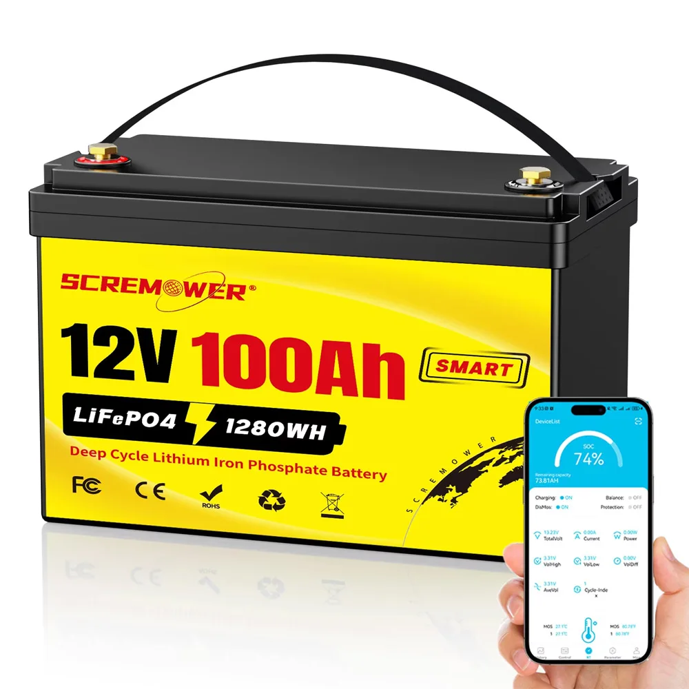 US Stock 12V 100Ah LiFePO4 Lithium Battery with Bluetooth BMS 1280Wh Energy Up to 6000+ Cycles for Marine, Boat, RV, Solar