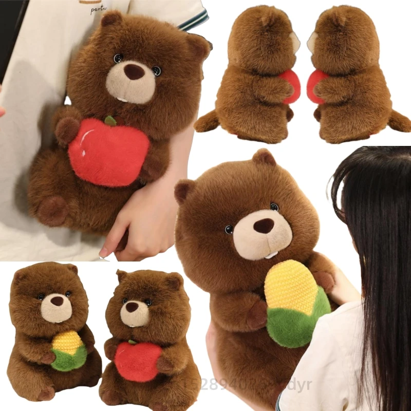 Kreatywny brązowy śródziemnik trzymający jabłko, kukurydzę, owoce, pluszowe zwierzątka, lalki, poduszka, super miękkie zabawki, dekoracja do domu i biura, prezenty dla niemowląt.