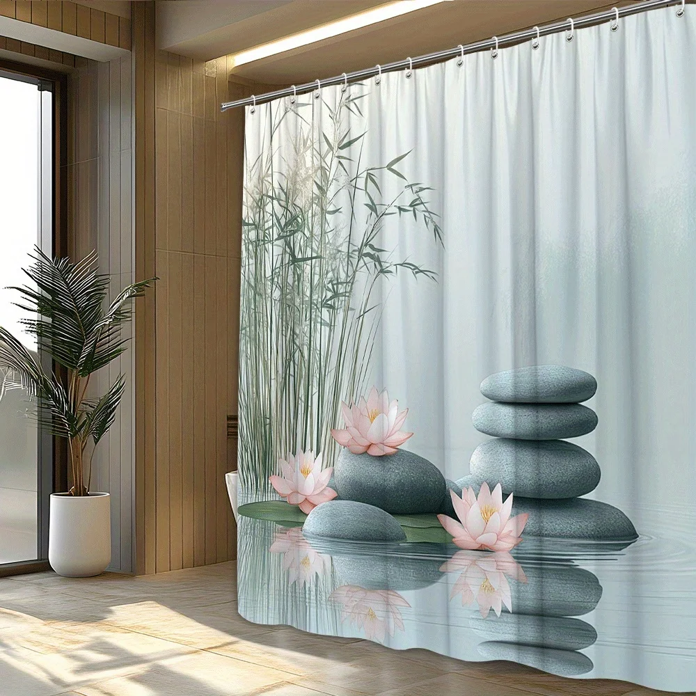 1pc Minimalist Pond Shower Curtain with Gray Stones, Pink for Lotus Flowers & Tall Bamboo in Calm Waters - Serene & Peaceful Pol