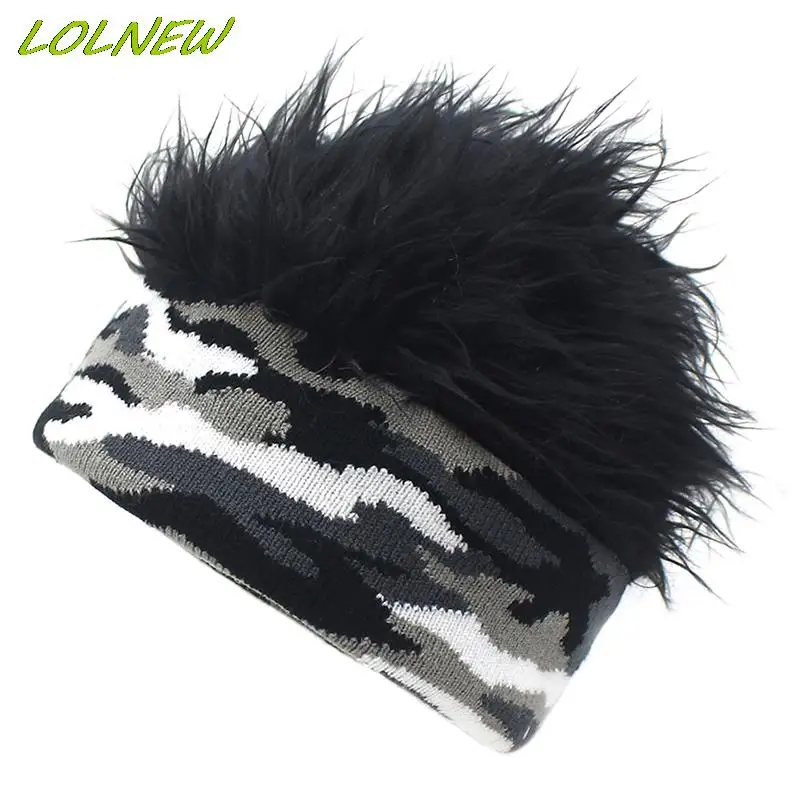 Women Funny Fake Hair Camouflage Knitted Landlord Sailor Cap Short Wig Brimless Beanie Hat for Men Stretchy Party Cosplay Props