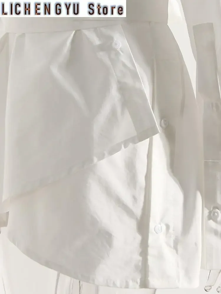 Women White Irregular Bandage Slit Shirt Dress New V-Neck Long Sleeve Loose Fit Fashion Tide Spring Autumn