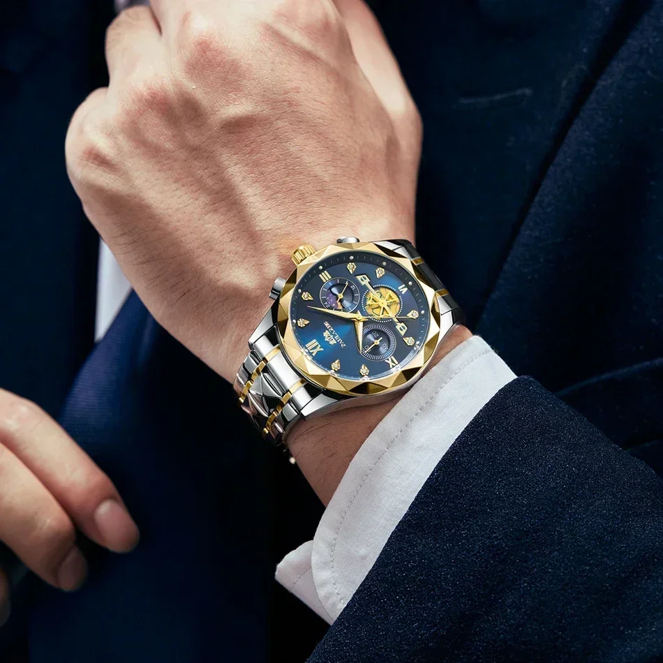 Orologi di lusso per uomo cronografo luminoso oro blu cielo stellato quarzo Casual a forma di diamante lunetta in acciaio inossidabile Reloj Hombre
