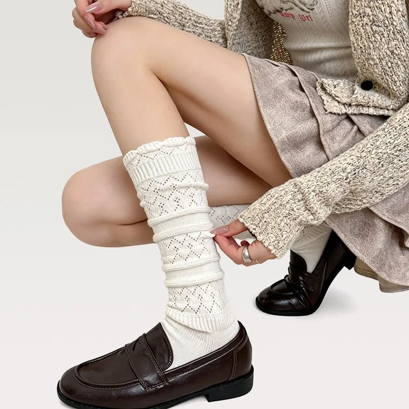 Ballet Socks Cotton Slouch Knee High Ribbed Ruffle Cuff Leg Slimming Preppy Y2K Mary Jane Shoes Breathable Autumn Fall for Women