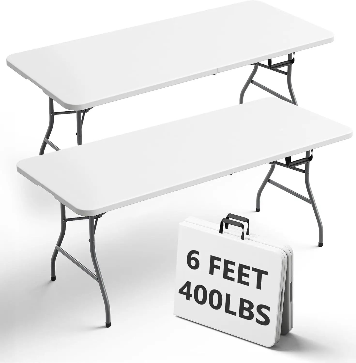 

6FT Folding Table 2 Pack, Heavy Duty Plastic Table with Handle, 400 lbs Portable Table, Reinforced Steel Legs, Fold-in-Half for