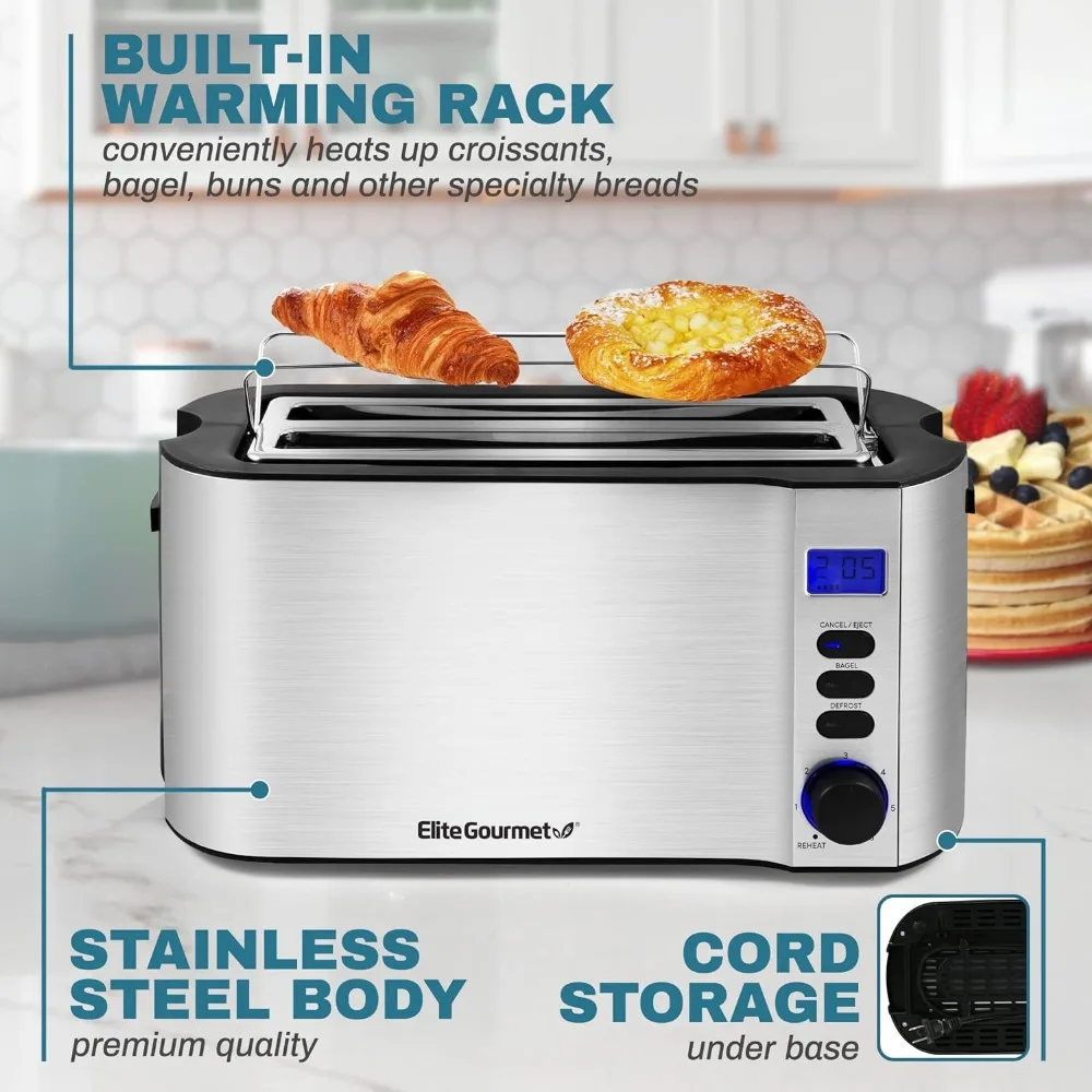 Long Slot 4 Slice Toaster, Temporizador de contagem regressiva, 6 Toast Setting, Descongelar, Cancelar Função, Built-in Warming Rack, Extra Wide Slots