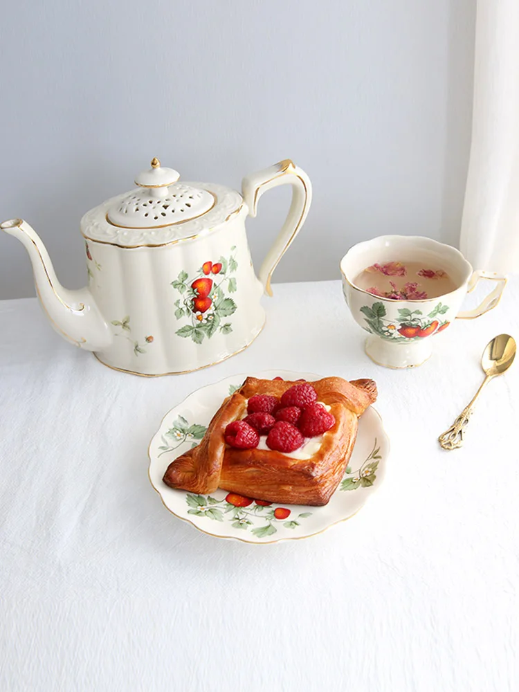 French Strawberry Teapot Coffee Cup and Saucer Set, Dessert Plate, Ceramic European Afternoon Tea for Party, Home Decoration