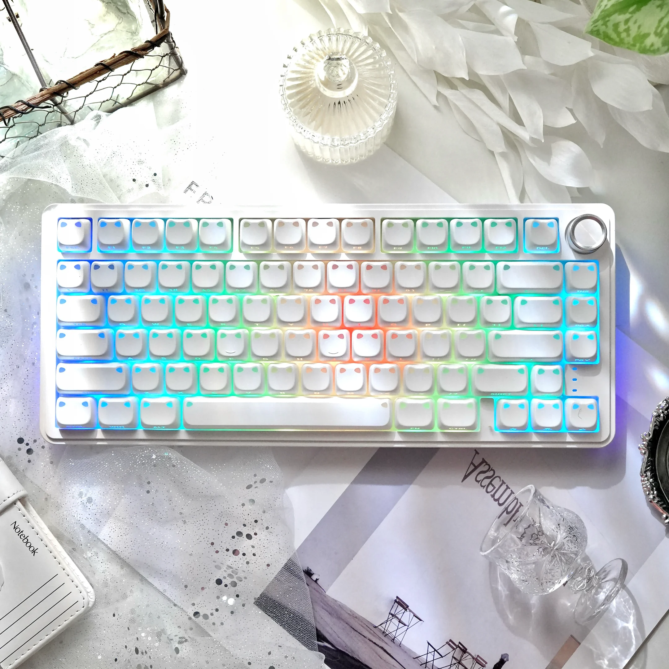 White Cute Cat Ear Double Shot PBT Keycaps MAO Profile Side Printed RGB Backlit Keycap for Cherry MX Switches Gaming Keyboard