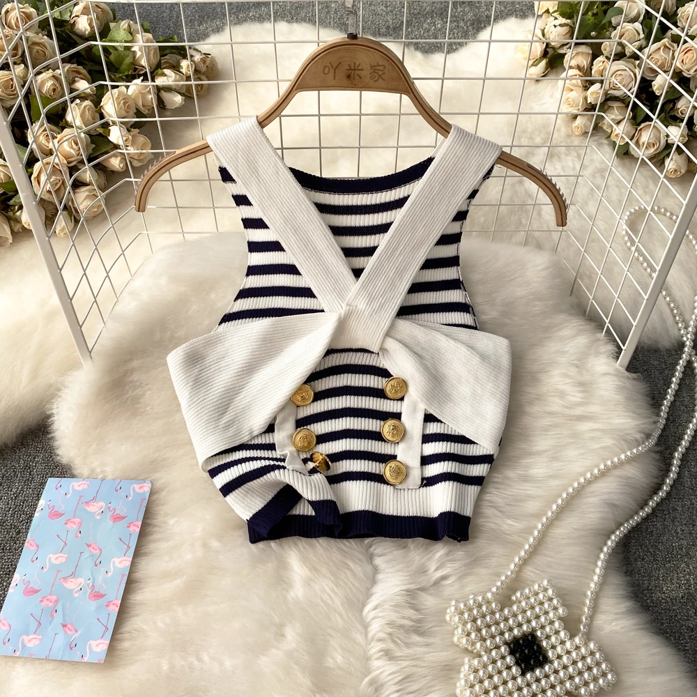 Summer French Striped Suspenders Tank For Women\'s Outerwear Top Sexy Fashion Gold Button Backless Sleeveless Slim Short Vest