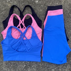 Solid Color Yoga Set Women Gym Sports Suit Workout Outfit Set 2 Piece Cross Back Fitness Bra High Waist Shorts Running Tracksuit