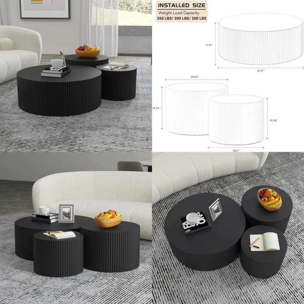 مجموعة طاولات القهوة المتداخلة الحديثة مكونة من 3 قطع، طاولات خشبية مستديرة سوداء، مجموعة طاولات جانبية دائرية معاصرة #1