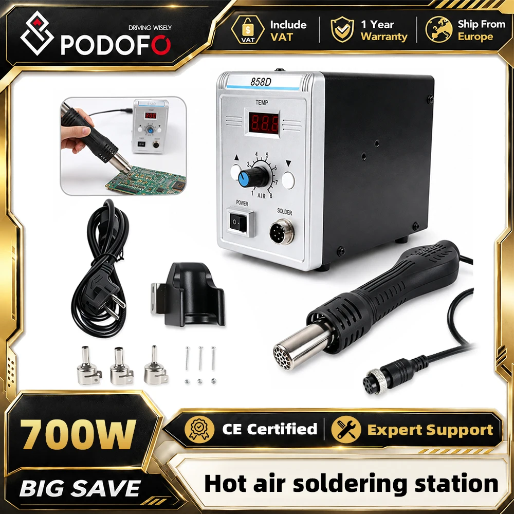 Podofo 700W Heißluft-Lötstation 2-in-1 Digitaler Lötkolben Heißluftpistole 100-500 ℃   Temperaturkorrektur-Schlaffunktion für BGA SMD SMT Schweißreparaturwerkzeug