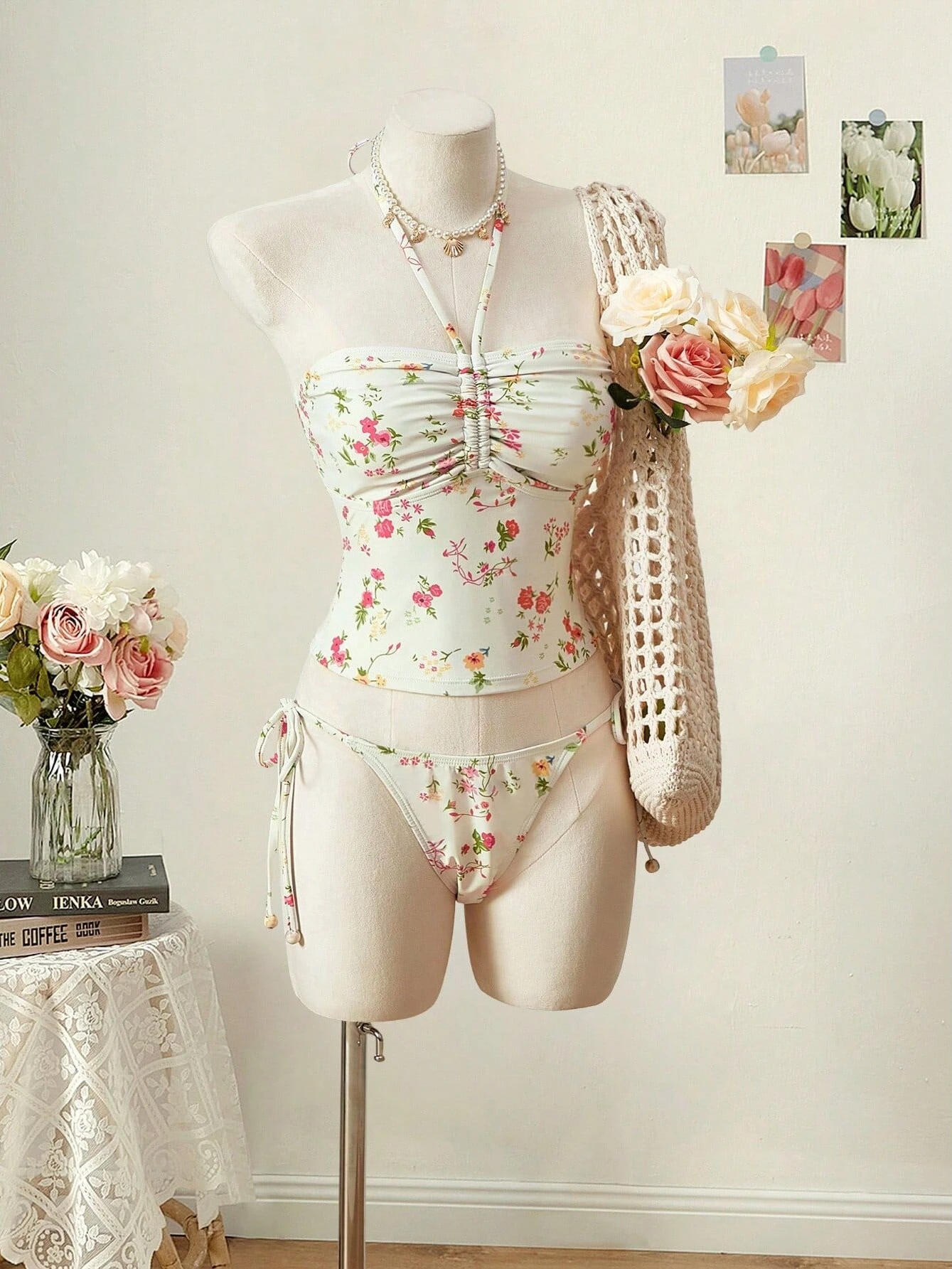 2026 Printed Halter Tie Two-Piece Swimsuit Women's Casual Surfing Bikini Polyester Material with Chest Pad No Steel Support