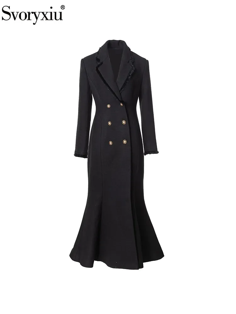 Svoryxiu Fashion Runway Winter Black Fishtail Long Outerwear Women's Upside Down Collar Long Sleeve Slim Buttock Covering Coat