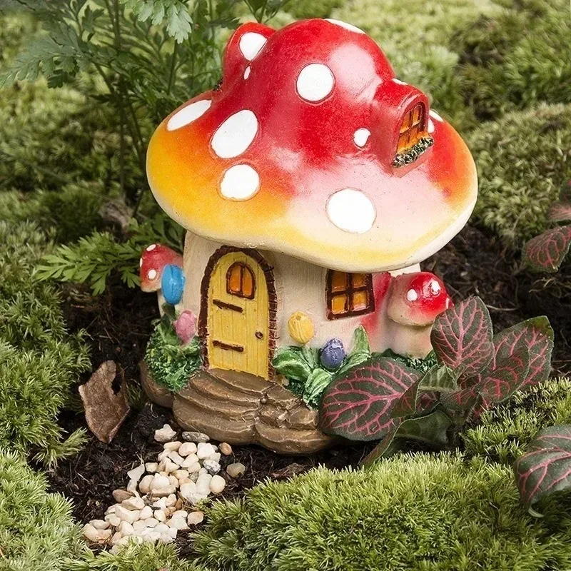 Casa de setas en miniatura para decoración del hogar, adornos de resina para jardín, flores en maceta, 8,5 cm x 10cm