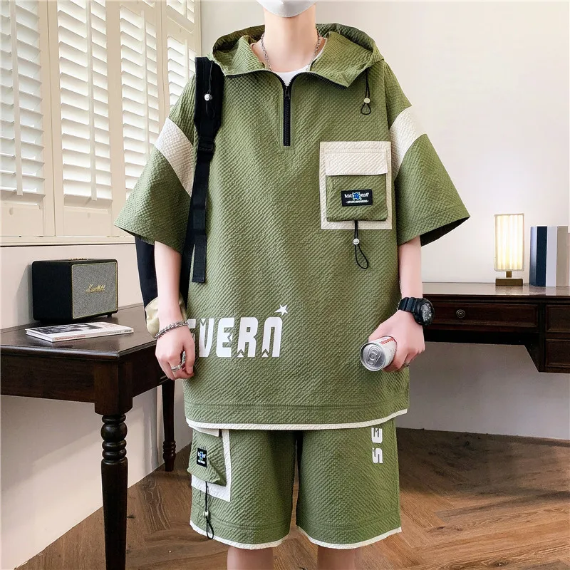 Casual Hooded T-Shirts And Shorts Men\'s Sets 2024 Summer Two Piece Short Sleeve Tops Tees & Knee-Length Pant Tracksuits Clothing