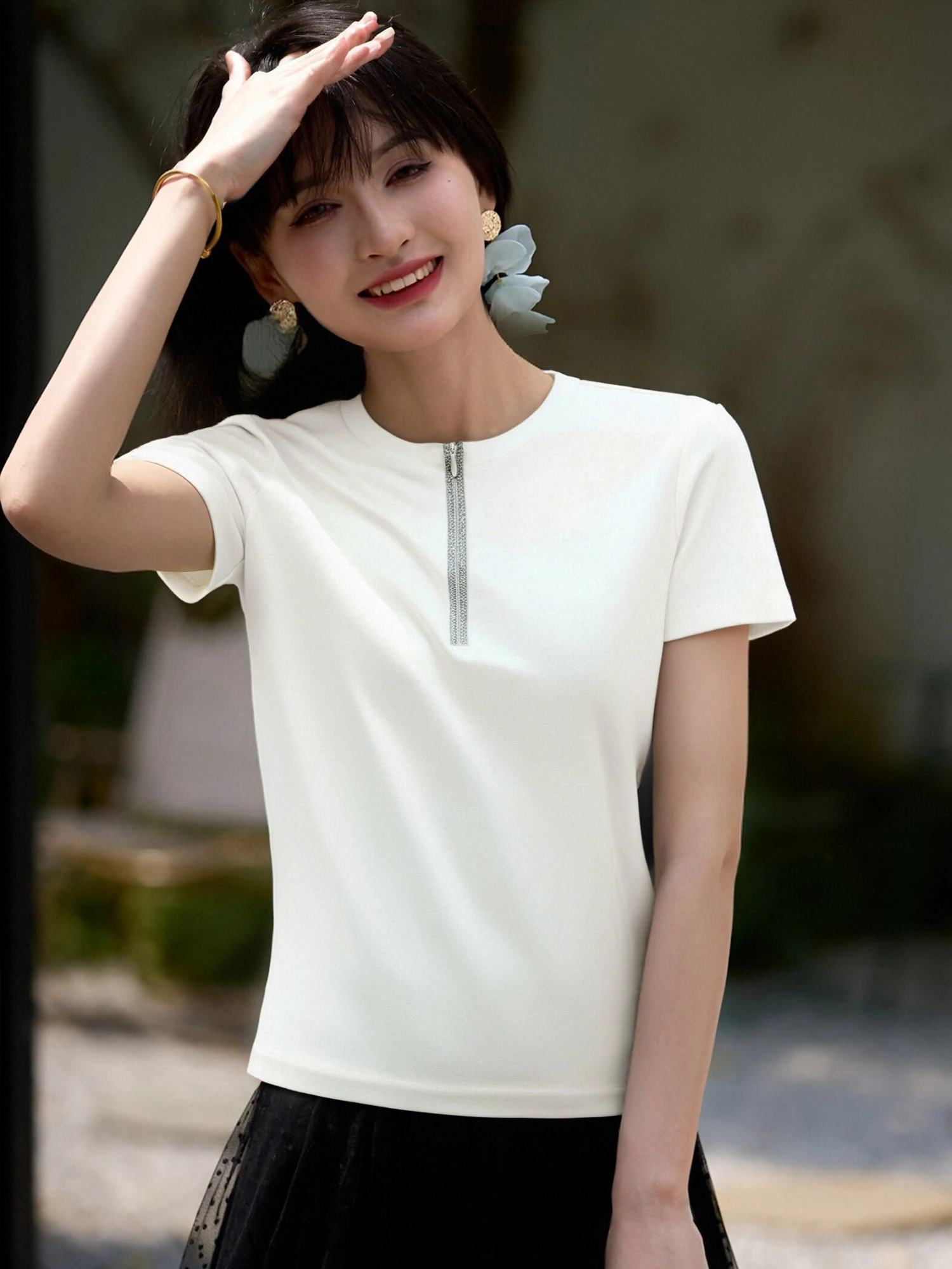 

Новая летняя женская футболка свободного кроя из шелковой ткани с молнией, коротким рукавом, круглым вырезом, влагоотводящая, стандартный крой