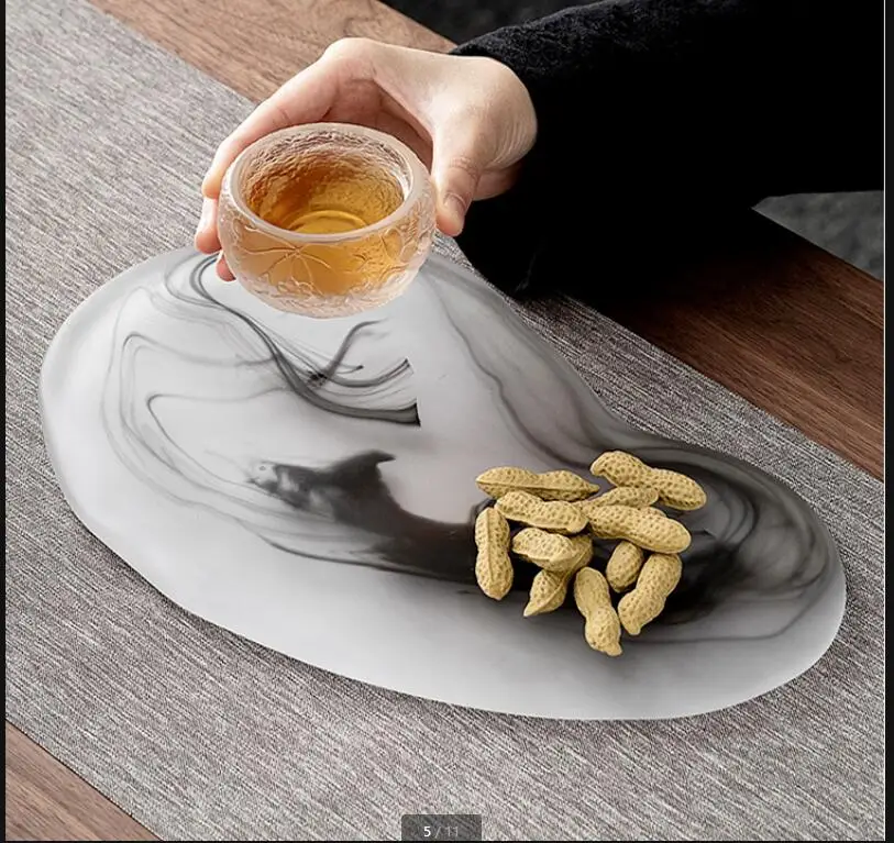 Ink Pattern Glass Tea Tray Coffee Table Refreshment Storage Trays Decorative Plate Set Serving Dim Sum Dish