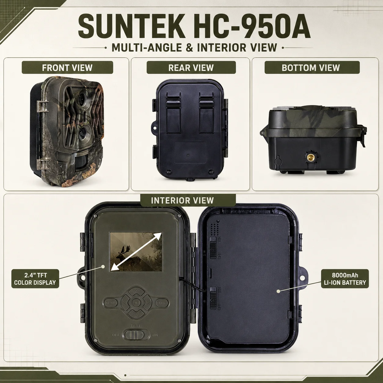SuntekCam HC-950A Dual-Lens Trail Camera 4K 30FPS 50MP Night Vision IP65 Solar Support 8000mAh Battery for Wildlife Monitoring