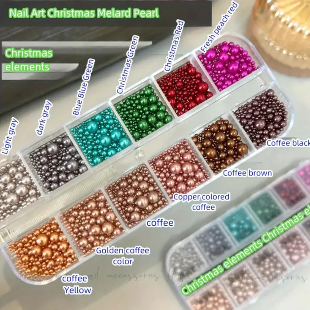 

1Box 12-Grids Mixed Size Red & Green Shades Nail Charms Premium Colorful Round Pearl Beads for Christmas & Winter DIY Manicure *
