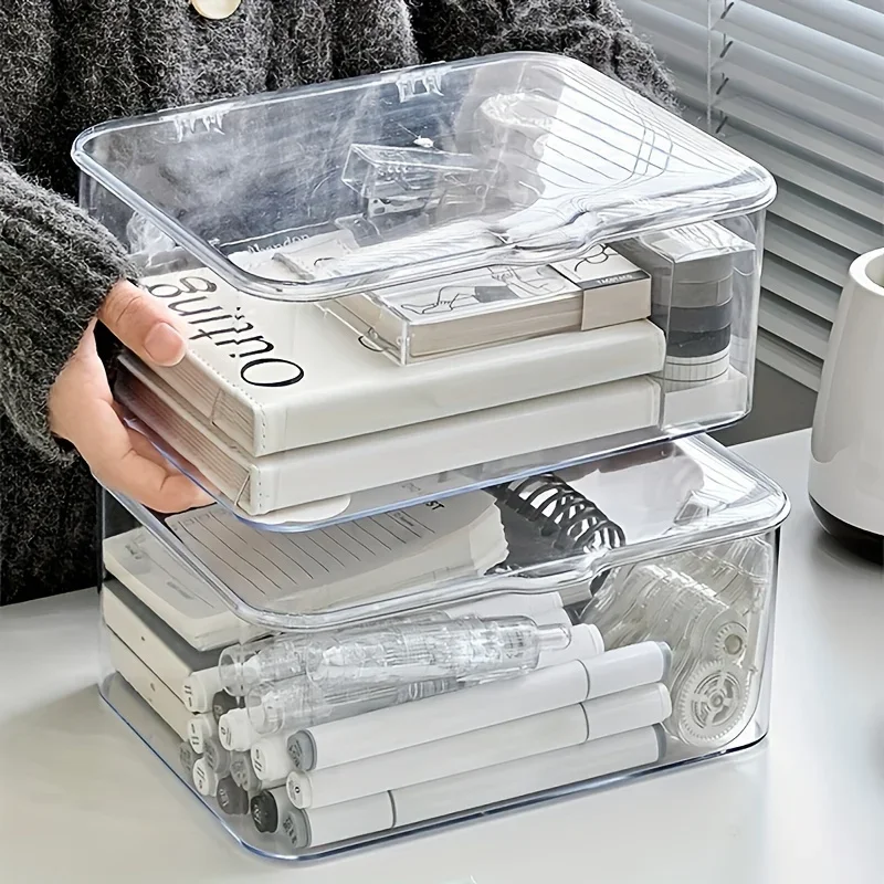 Caja organizadora de almacenamiento transparente acrílica, diseño de concha para el hogar, elementos esenciales de oficina con organizadores de papelería multiusos
