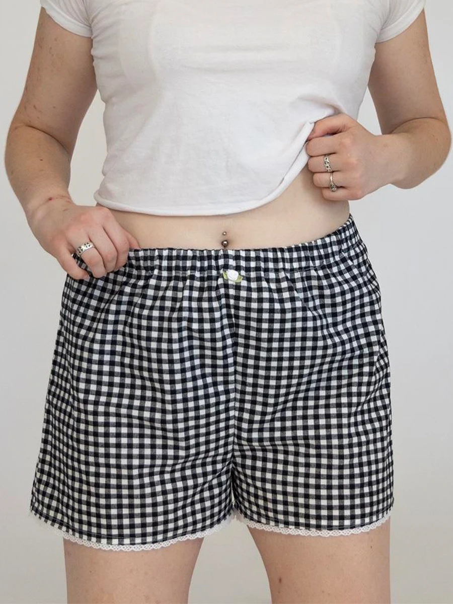 

Women'S Y2K Plaid Pajama Shorts Elastic Waist Wide Legs Gingham Boxer Casual Sweet Shorts Plaid Pj Bottom Outdoor Shorts