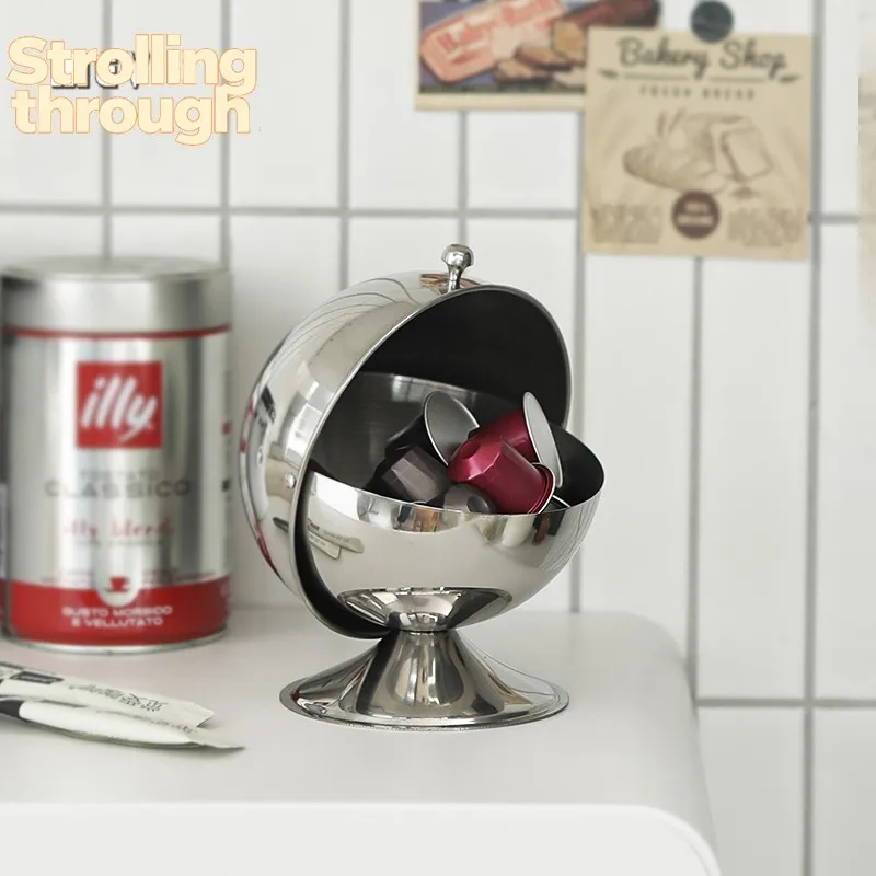 

Vintage Stainless Steel Coffee Storage Flipped Top Sugar Cube Tea Bag Entrance Key Storage Box with Lid Deshacer Or