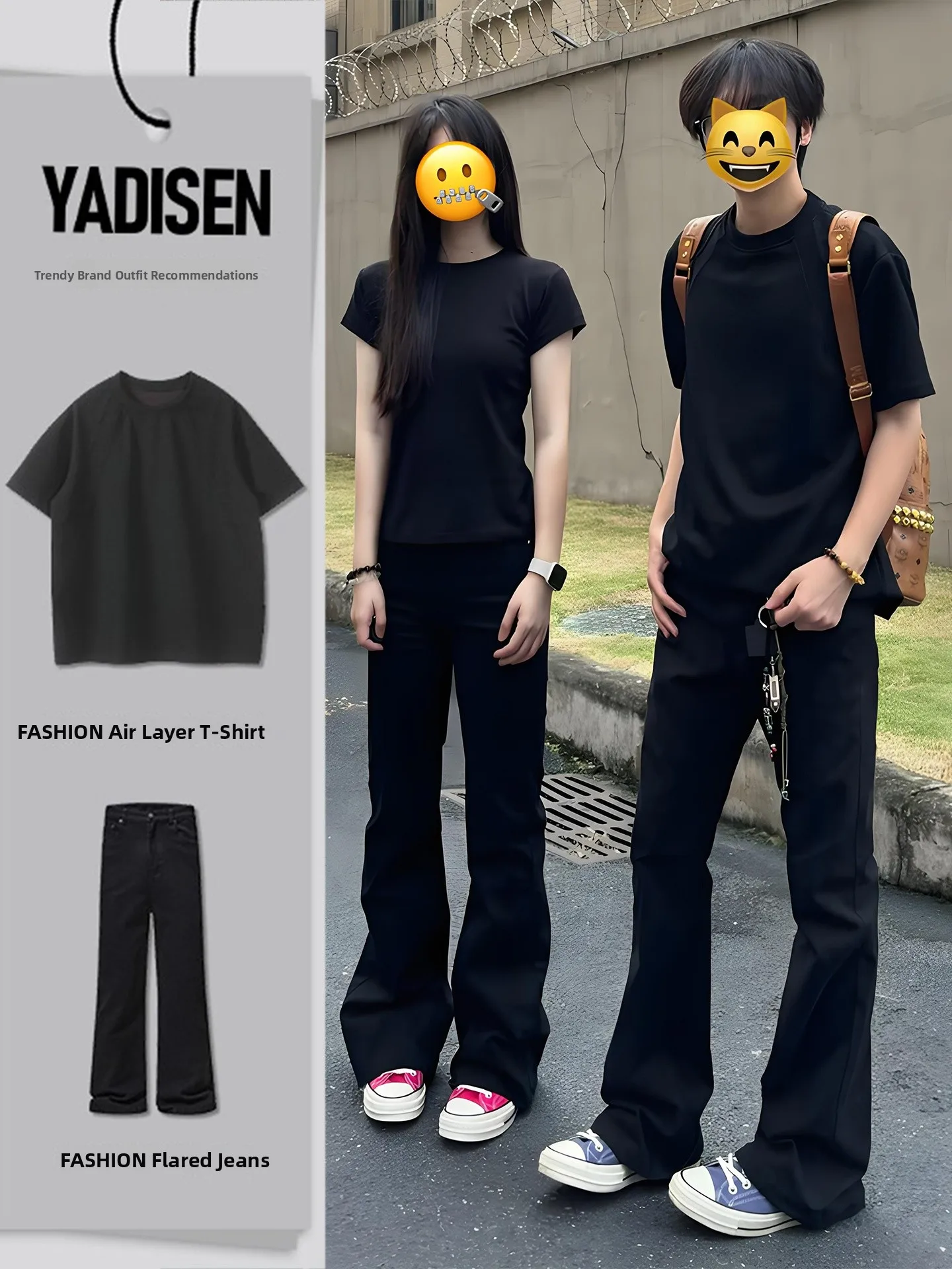 

Black Bell Bottom Jeans Slim Fit Thin Summer Youth Fashion Straight Leg Pants T-Shirt Set for Men And Women