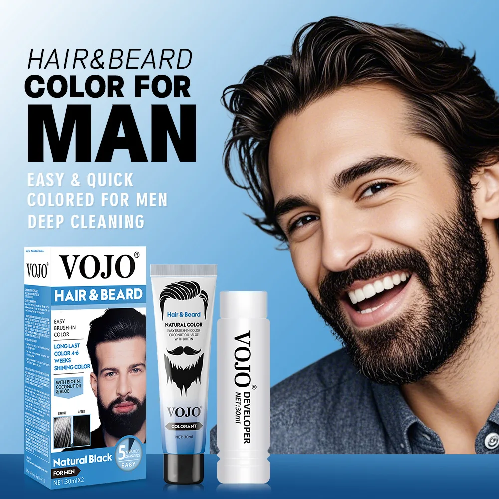 Men's Beard & Hair Color Dye Kit - Long-Lasting Gray Coverage for Beard and Head Hair. Natural Look, Easy Application at Home