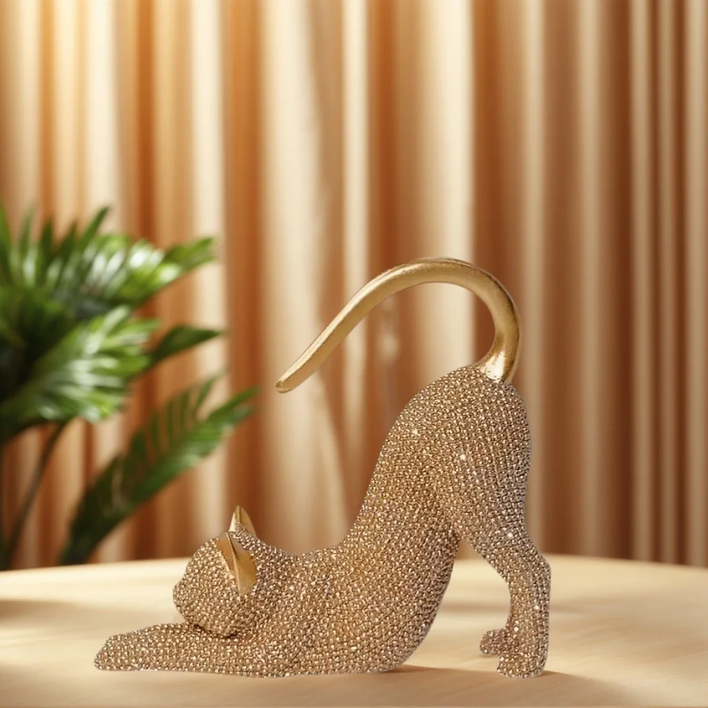Cat Figurine, Statue for Home Decor, Resin Lazy Cat Stretching Sculpture, with Sparkling Crystal Desk Decoration, Creative Gift