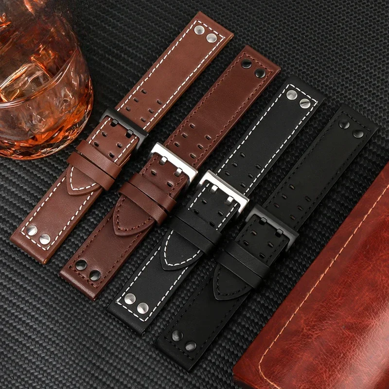 For Hamilton Watch Strap Genuine Leather Cowhide Steel Special Buckle Men\'s Khaki Jazz Eternal 20 22mm Double Hole Watchband