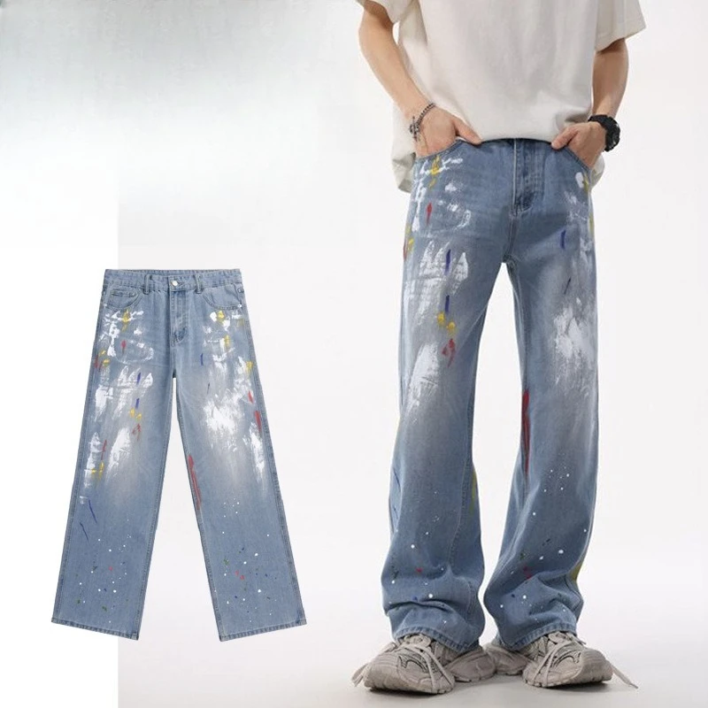 

American High Street Paint Splash Ink Jeans Neutral Style Loose Wide Leg Jeans Men Straight