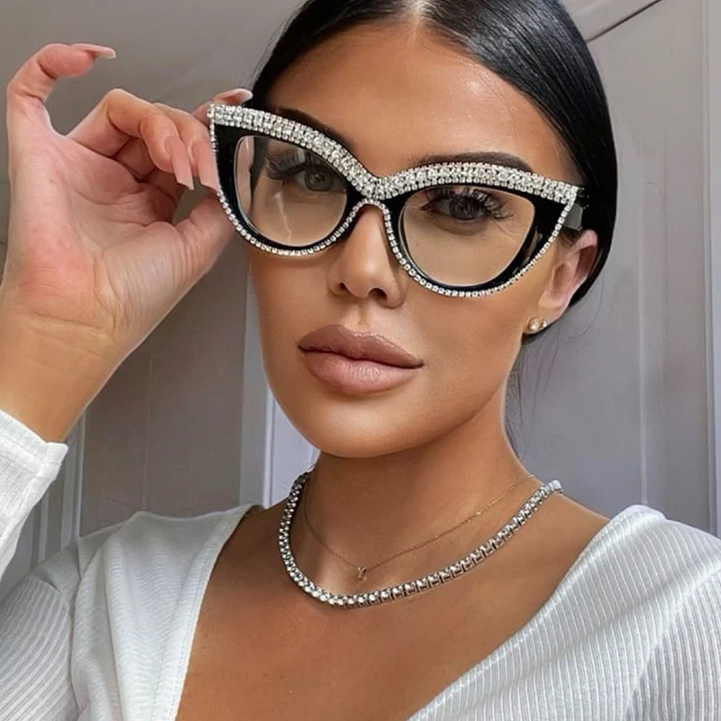 Fashion Luxury Cat Eye Glasses Frame Women Crystal Diamond Clear Lens Eyeglasses Sexy Decorative Eyewear