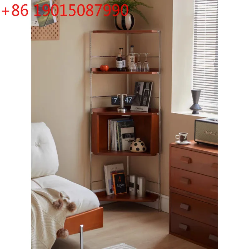Vetrina triangolare per libreria angolare per piccolo appartamento in legno massello con pavimento in metallo