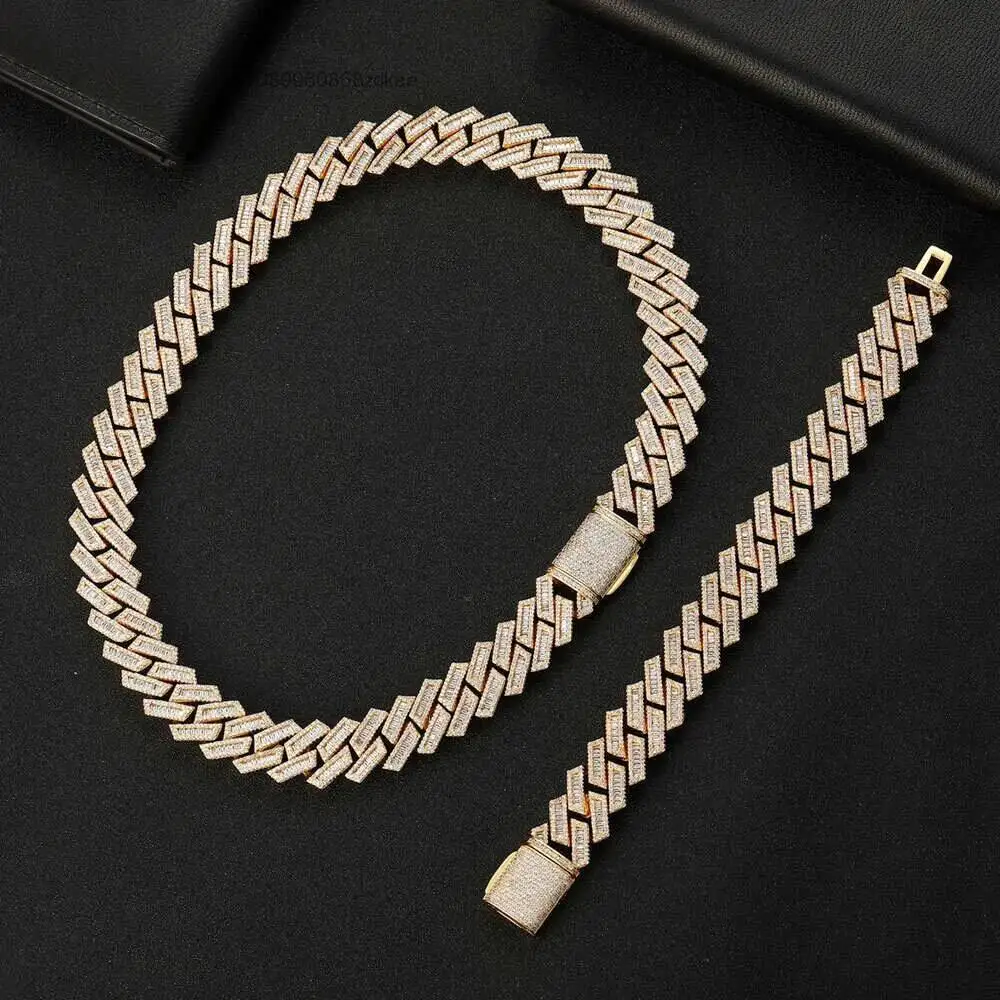 Luxury Hip Hop 18mm Iced Out Moissanite Sterling Silver Chain Full Iced Cuban Chunky Link Chain Box Clasp Baguette Men Necklace.