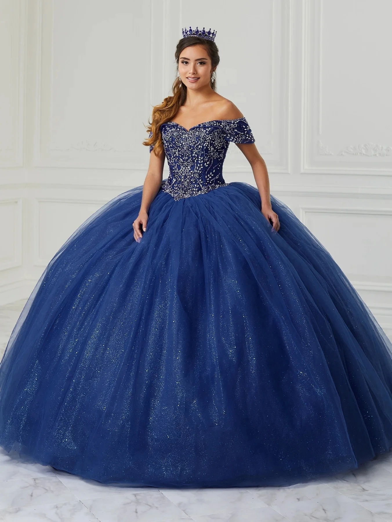 Blue Charro Quinceanera Dresses Ball Gown Off The Shoulder Tulle Beaded Puffy Mexican Sweet 16 Dresses 15 Anos Customized