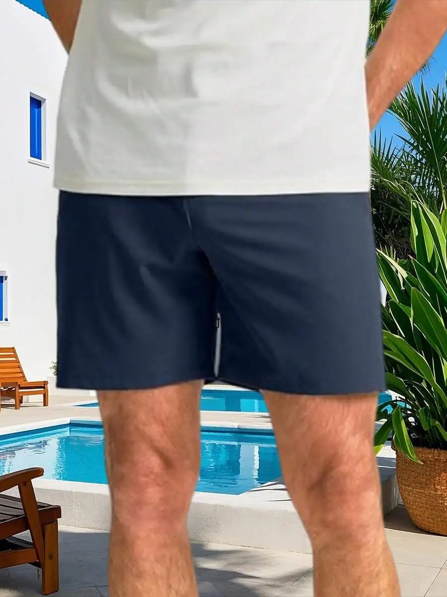

Mens Casual Solid Color Elastic Waist Straight Leg Shorts With Pockets For Daily Office Outdoor