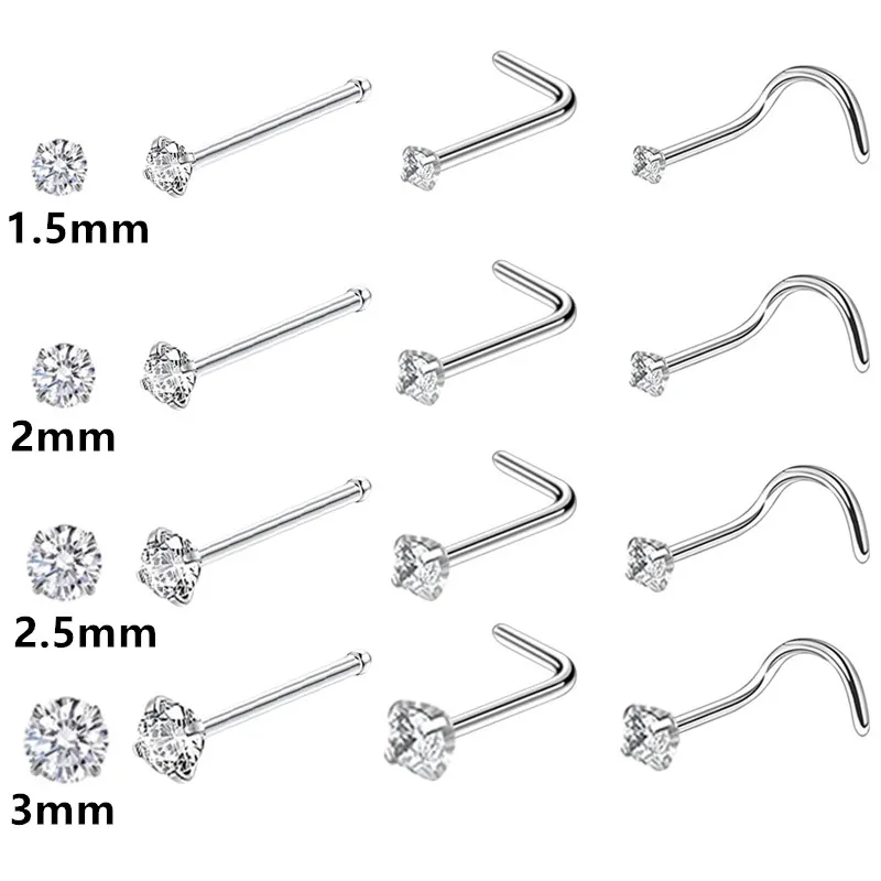 4/12PCS Stainless Steel Zircon Nose Piercing Stud Set L Shape Nose Ring Lot Twist Nose Ring Stud Bulk Body Piercing Nariz Pack