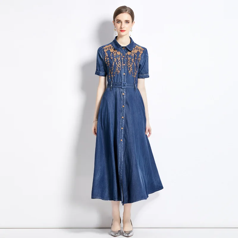 Été 2023 Denim brodé Dr minceur taille haute ort Sve longue Dr Ele Sle femmes Faion jupe décontractée