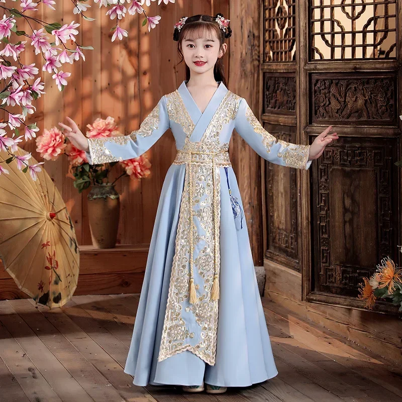 Chinese Traditional Girl Blue Sparkly Sequins Hanfu Costume New Year Han Dynasty Dress Tang Dynasty Princess Folk Dance Clothing