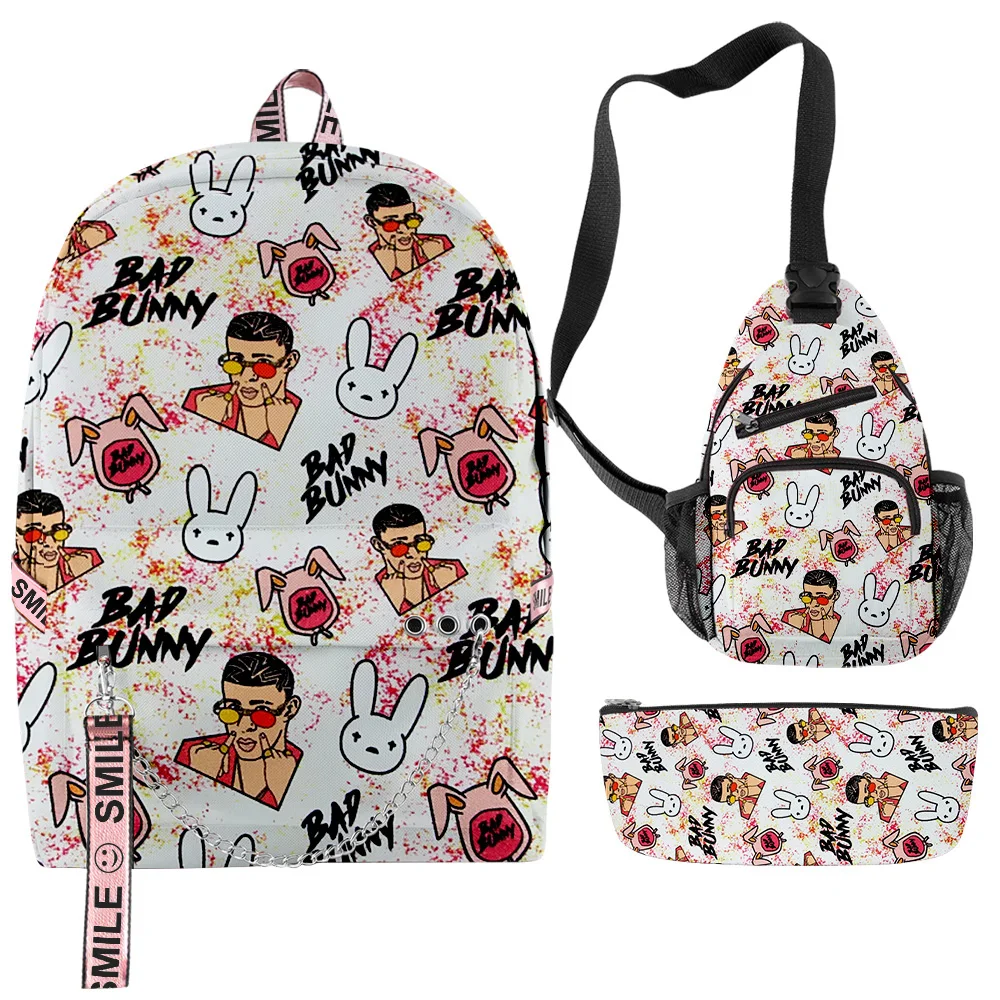 Hip Hop Youthful Bad Bunny 3pcs/Set Backpacks 3D Print Oxford Waterproof Notebook multifunction Backpack Chest Bag Pencil Case