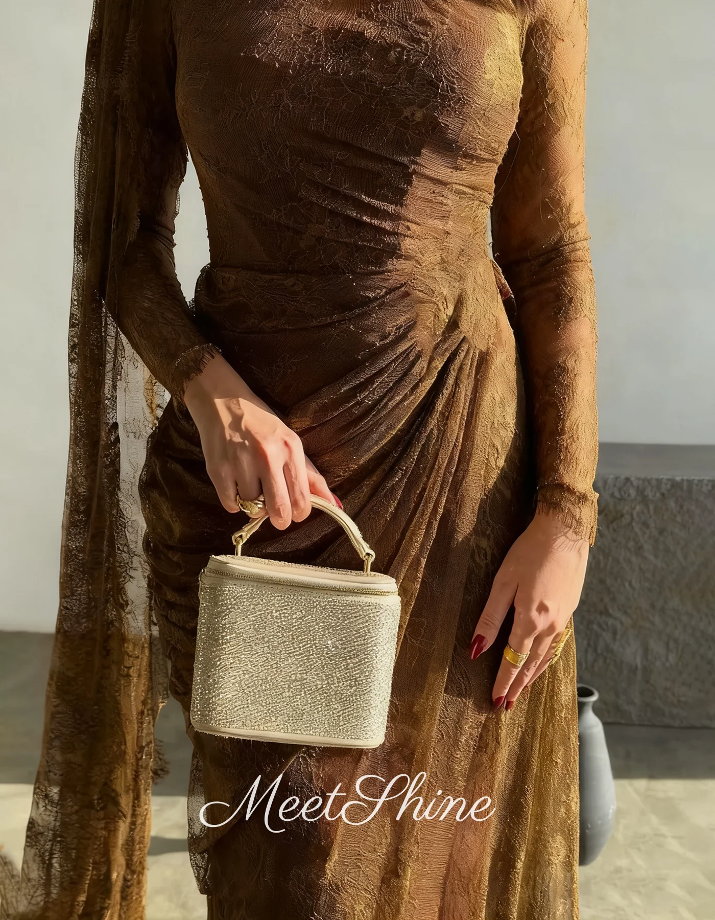 ヴィンテージブラウンマーメイドOネックプリーツプロムドレスドバイ長袖イブニングドレスサウジアラビア فساتين سهرةカスタマイズ