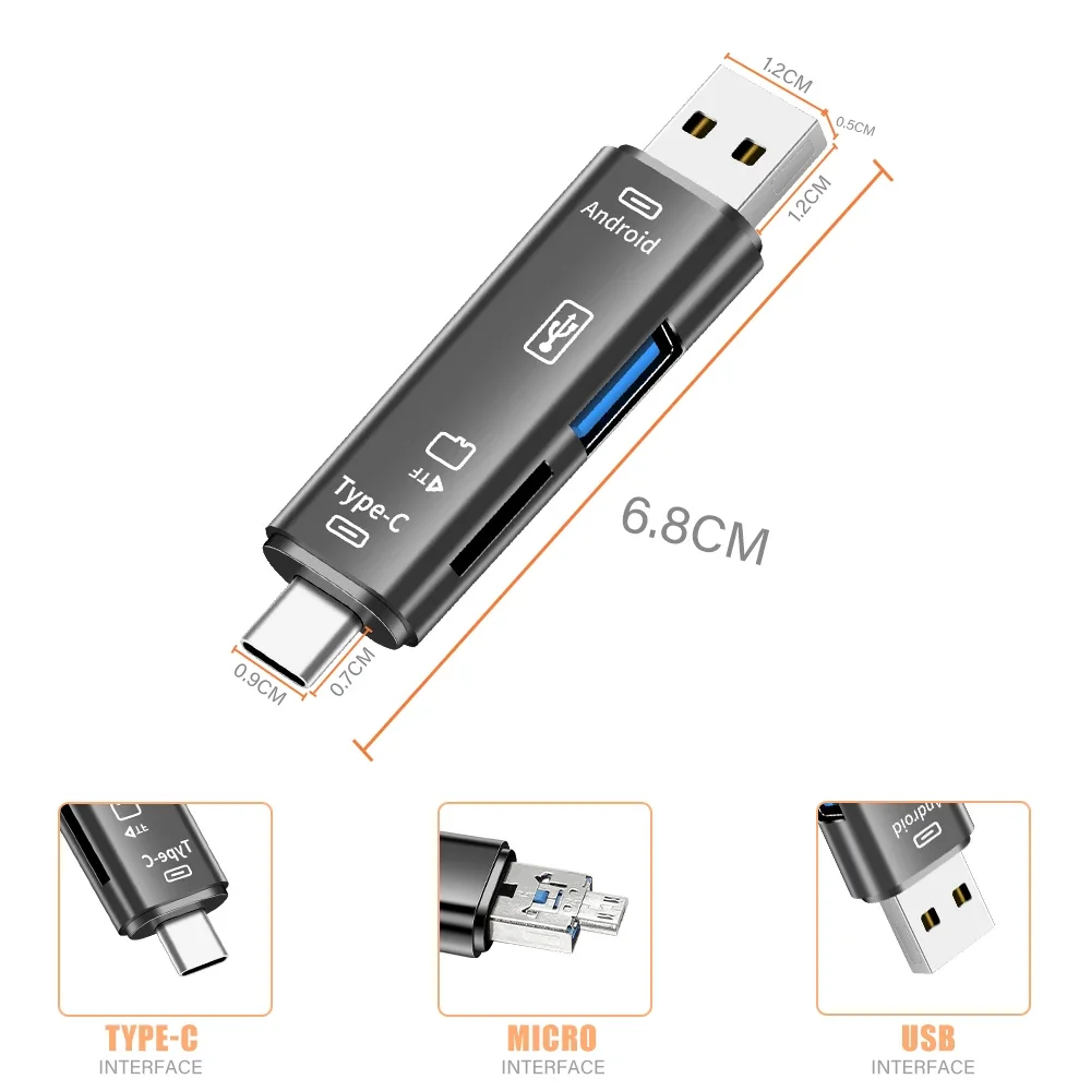 TYPE-C multifunción 5 en 1, microusb, TF, SD, lector de tarjetas de memoria, OTG, adaptador para teléfono móvil, accesorios, unidad Flash