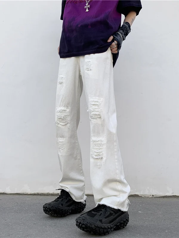 

American High Street Style Men's Jeans Summer Trendy White Straight Leg Micro Flared Washed out Cuffed Long Trousers