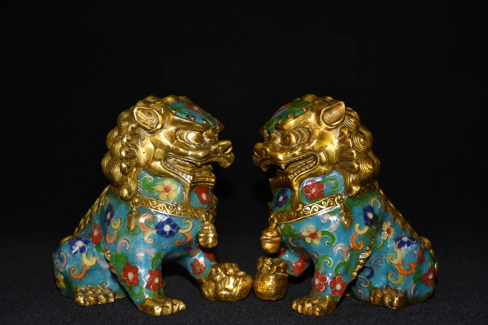 6"Tibetan Temple Collection Old Bronze Cloisonne Lion Statue A Pair Gather fortune Door Lion Ornament Town House Exorcism view 4