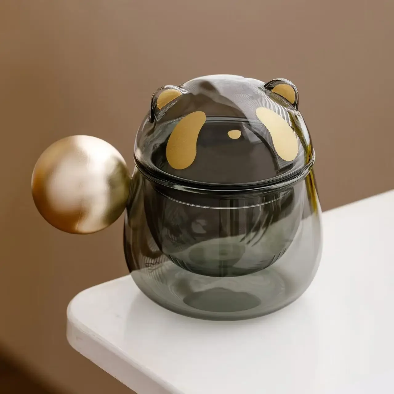 320ML Gold and Silver Ball Panda Glass Office Cup Filter Brewing TeaCup Not Hot Mug Healing System Drinking Cup Tea Maker Tool