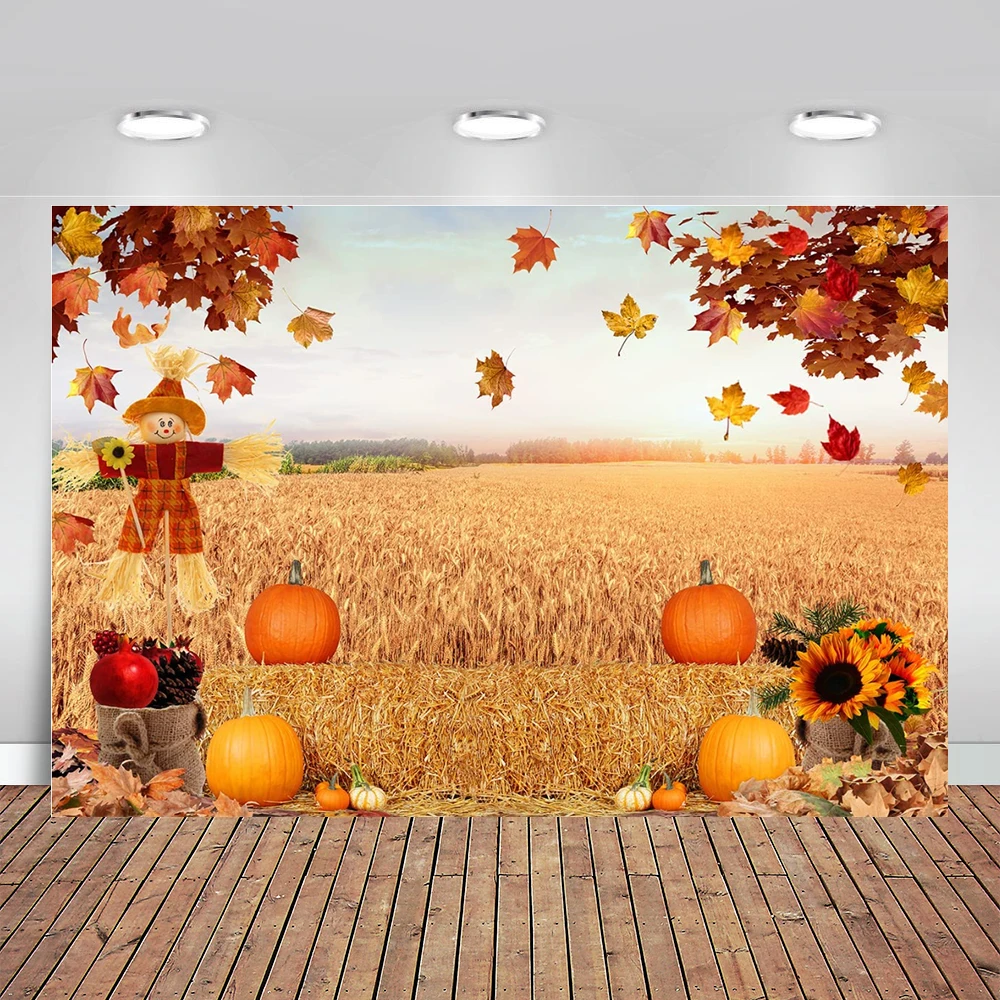 Thanksgiving Party Backdrop Autumn Maples Leaves Harvest Backdrops Fall Hay Yellow Leaves Sunflower Backgrounds Photo Studio