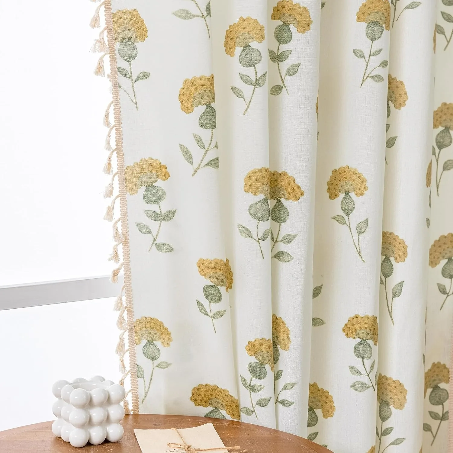 1PC Yellow Floral Tassel Curtain, Dandelion Print Cotton Linen Semi Sheer Curtain with Rod Pocket for Living Room Decor