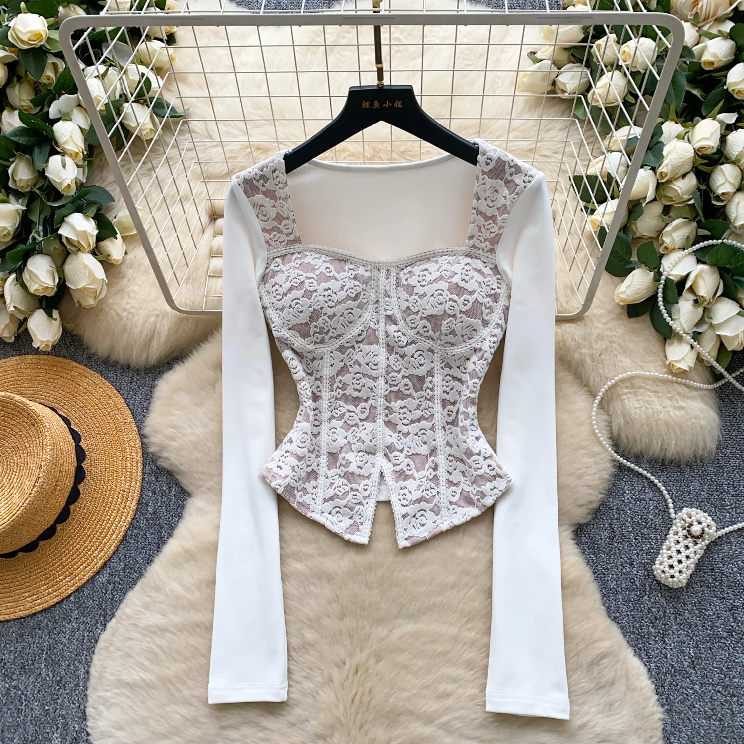 

Vintage basics long sleeve square neck lace Blouse Korean Fashion office lady Shirt women clothing