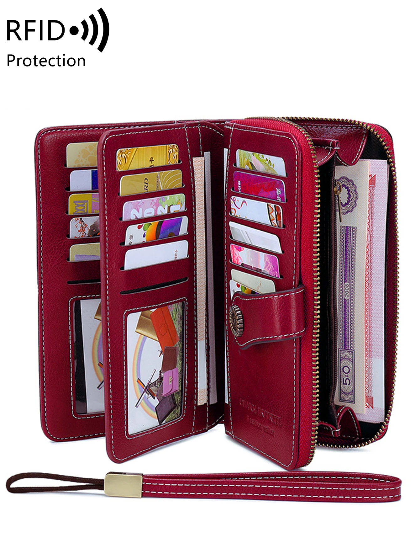 RFID retro three fold large capacity long wallet fashionable solid color women's wallet multifunctional zipper buckle wallet